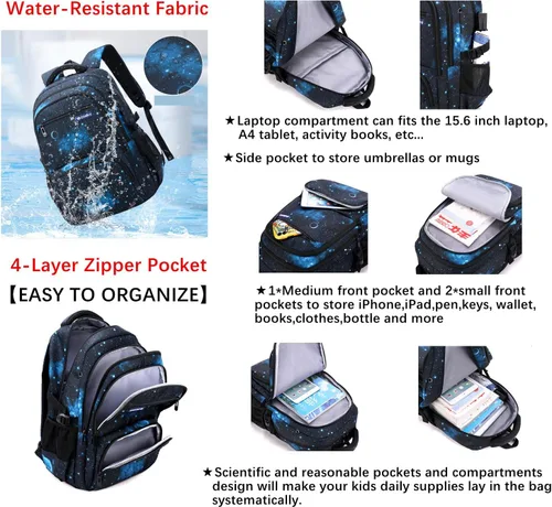 Vista 4 de MITOWERMI Boys Backpacks for Primary Junior School Kids Backpack with Lunch Box Galaxy Space Bookbags for Boys Girls