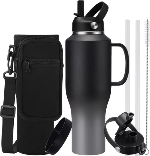 Vista 22 de Botella de agua de acero inoxidable de 32 onzas, frío-48 horas y caliente-24 horas, termo con popote y tapas de boquilla, bolsa, botella aislada al