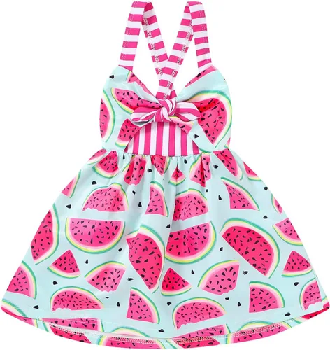 Vista 8 de Falda de verano para niñas pequeñas, vestido sin espalda con tirantes y estampado de helado Fresa