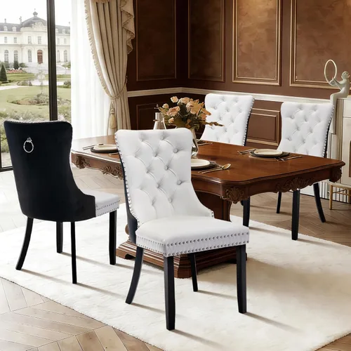 Vista 39 de Juego de 2 sillas de comedor de terciopelo con patas de madera, color beige Mid Century Modern Dining Chairs,Upholstered Chairs with Nailhead