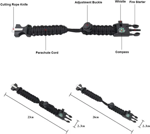 Vista 3 de MansWill Pulsera de supervivencia ajustable 5 en 1, nuevo kit de pulsera deportiva de emergencia de 7 núcleos, brújula impermeable, silbato