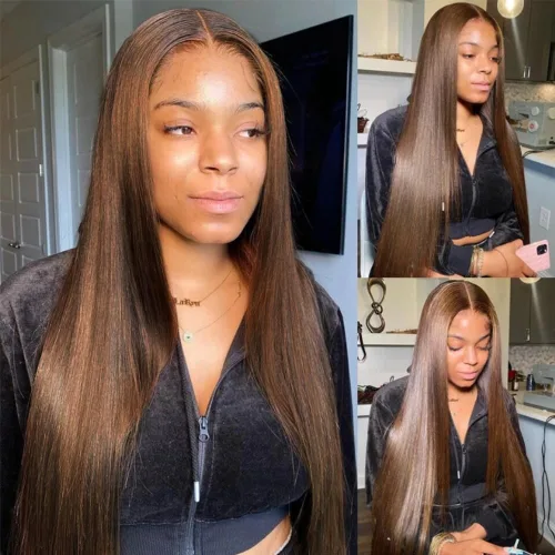 Vista 11 de Flady Peluca de cabello humano con encaje frontal ombré, prearrancada, sin pegamento, peluca frontal de encaje HD 4/27, pelucas de cabello humano