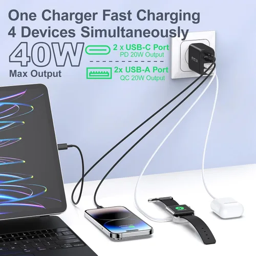 Vista 3 de Bloque de cargador USB, 40 W, 4 puertos, doble QC+PD3.0, bloque de carga rápida, adaptador de corriente USB C, enchufe de pared para iPhone