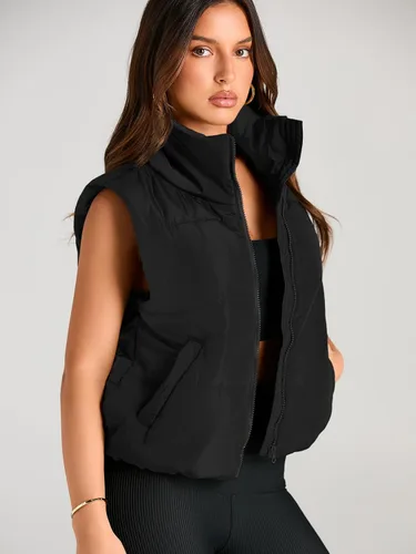 Vista 6 de AUTOMET Puffer Vest Women Sleeveless Winter Cropped Outerwear Warm Puffer Lightweight Stand-up Collar Down with Pockets