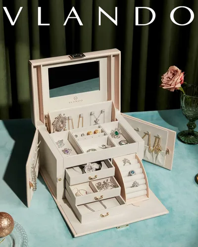Vista 8 de Vlando Joyero organizador para niñas y mujeres, caja de almacenamiento de joyería barroca grande con espejo, cajones para pulseras, aretes, anillos