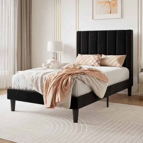 Vista 3 de SHA CERLIN Marco de cama individual con plataforma tapizada de terciopelo con cabecero, soporte de listones de madera resistente, base de colchón