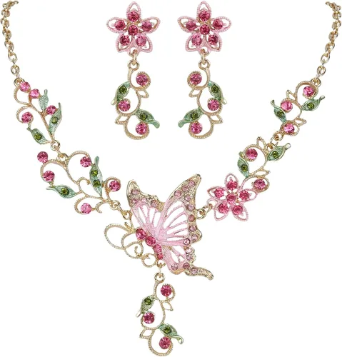 Vista 12 de EleQueen Conjunto de collar y pendientes de mariposa, flor y hoja de cristal austriaco para mujer Negro