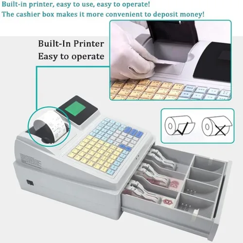 Vista 3 de Sistema de caja registradora electrónica, caja registradora electrónica LED de 81 llaves, con teclado plano, cajón de efectivo e impresora térmica