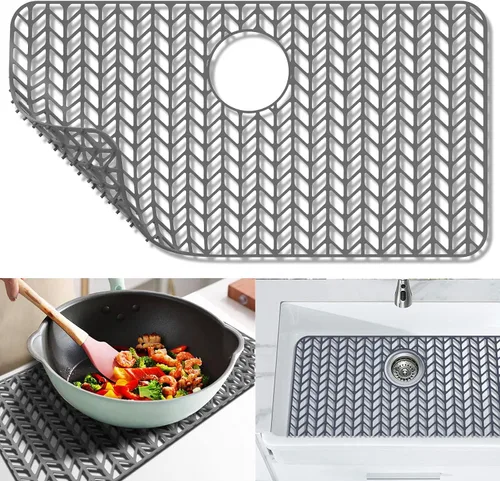 Vista 16 de Protectores de fregadero de cocina de 12 x 11 y 13 x 11 pulgadas, protectores de silicona para fregadero de cocina para la parte inferior del Gris