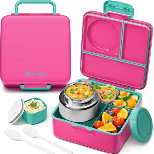 Vista 9 de Fimibuke Lonchera Bento para Niños y Adultos, Contenedor de Lonchera para Niños Pequeños de 3-4 Compartimentos 60OZ con Frasco de Comida Aislado a