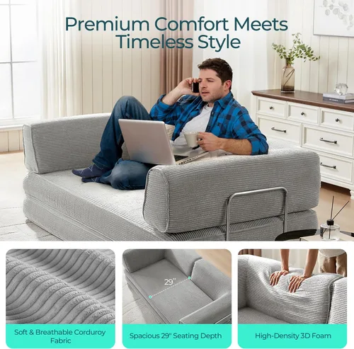 Vista 16 de LINSY HOME Sofá cama convertible de 79 pulgadas, sofá cama plegable de compresión, sofá cama plegable de pana para sala de estar y dormitorio, sofá