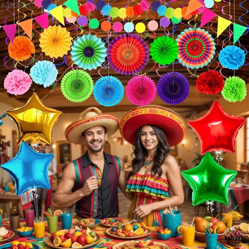Vista 5 de KatchOn, Juego de decoraciones del Cinco de Mayo, paquete de 37, abanicos de papel para fiestas, decoraciones de fiesta Bandera mexicana, pompones