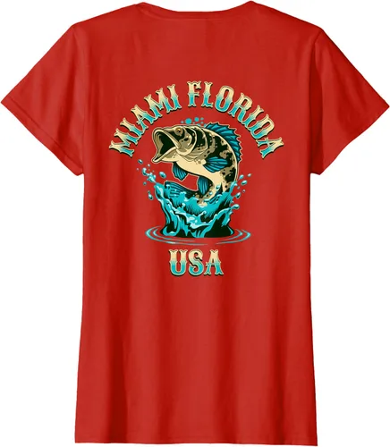 Vista 47 de Camiseta con diseño de pesca en la parte delantera y trasera de Miami Florida USA, Negro