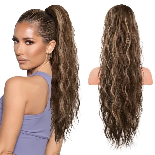 Vista 14 de FLUFYMOOZ Extensión de cola de caballo de 22 pulgadas, extensiones de cabello sintético ondulado largo y rizado para mujer