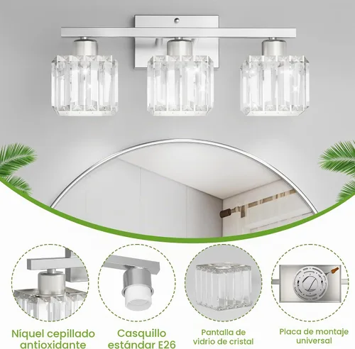 Vista 4 de comzler Lámparas de baño de 3 luces sobre espejo, lámpara de pared de cristal de níquel cepillado con base E26 para espejo, cocina, sala de estar