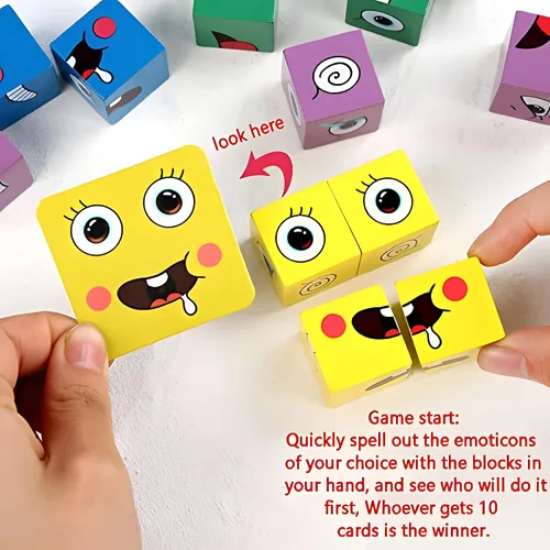 Vista 7 de Cubos de madera, IQ Puzzle, Building Cube Express Toy Faces, Magic Face Building Block Puzzle de madera Montessori Toy
