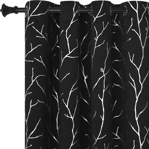 Vista 15 de BUHUA Cortinas pequeñas para ventana de 36 pulgadas de largo, 2 paneles, cortinas opacas con elegantes ramas de árbol plateadas, cortinas de bloqueo