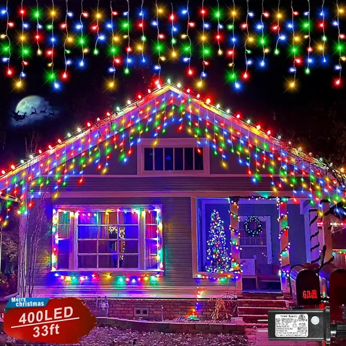 Vista 19 de Luces de carámbano para exteriores, 16.5 pies, 200 luces LED de Navidad para exteriores, impermeables, 8 modos de enchufe, cortina de luz conectable
