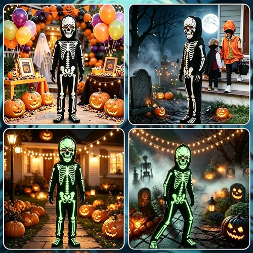 Vista 5 de Disfraz de esqueleto de Halloween para niños, body de esqueleto que