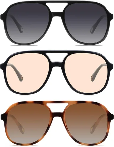 Vista 18 de YDAOWKN Retro Aviator Sunglasses for Womens Mens 70s Double Bridge Sunnies 2 Tintes Negro/Gris+Negro/Amarillo