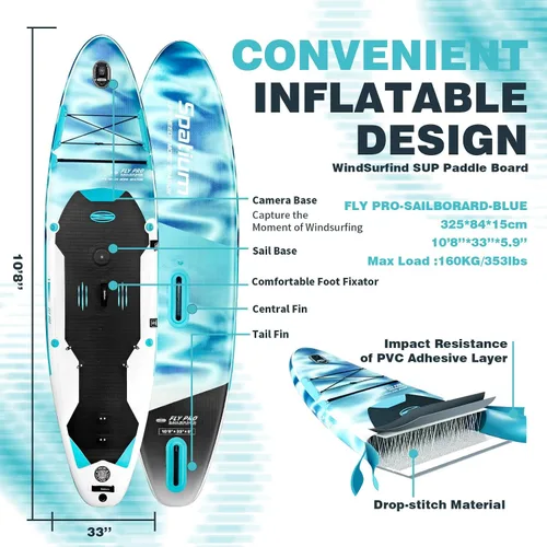 Vista 4 de Spatium Vela inflable de windsurf con tabla de windsurf y vela de 53.8 ft²/64.6 ft² inflable con tabla de vela para windsurfista amigable novato Azul