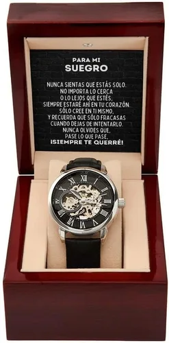 Vista 2 de Reloj calado para hombre con tarjeta de mensaje especial para Mi Suegro Reloj Esqueleto Calado - My suegro Watch en español - Graduacion