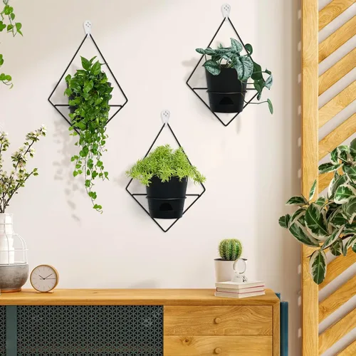 Vista 6 de Koalaime 3 juegos de macetas de pared para plantas de interior, macetas colgantes geométricas para plantas de interior, macetas de riego automático