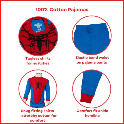Vista 5 de Marvel Juego de pijama de Spiderman, ropa de dormir de 4 piezas para niños pequeños y niños pequeños, tallas 2T a 5T