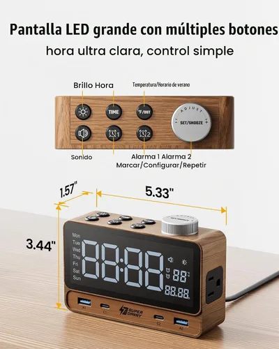 Vista 9 de SUPERDANNY Reloj despertador con PD de 20 W, 4 puertos USB, tira de alimentación de 2 tomas de CA, relojes despertadores digitales para dormitorios