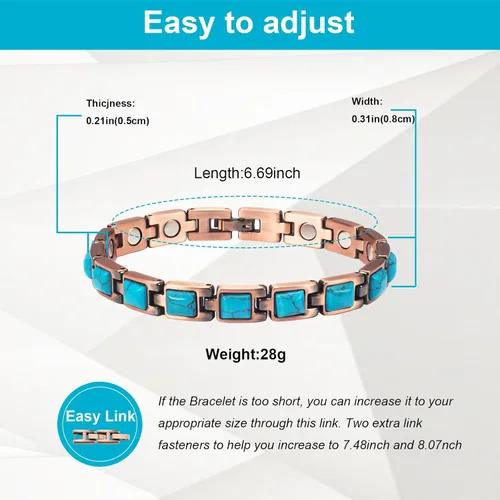 Vista 3 de Pulsera de cobre para mujer, ajustable con Easy Link azul turquesa puro cobre magnético, 3500 Gauss efectivo, Acero inoxidable Cobre Latón