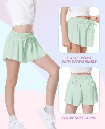 Vista 3 de QooNoo Girls Butterfly Shorts with Pocket Flowy Athletic Shorts High Waist Preppy Running Shorts for Kids Teen