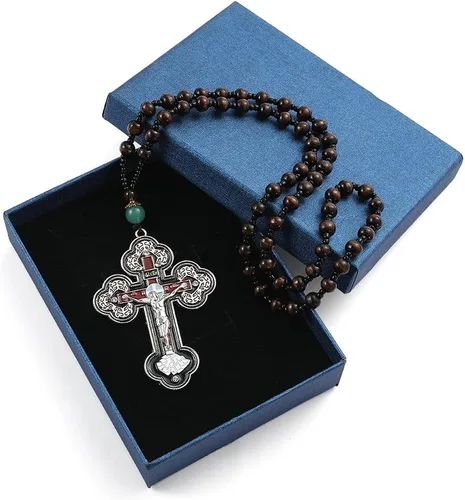 Vista 2 de rongji jewelry Collar con colgante de cruz religiosa vintage, colgante de cruz bautismal ortodoxa con cadena de cuentas para aliviar la ansiedad