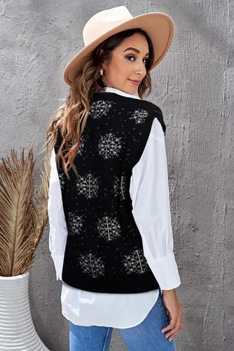 Vista 2 de JULYCLO Chaleco de Suéter Navideño para Mujer, Suéter Feo de Renos Tejidos y Copo de Nieve, Estilo Casual, con Cuello en V, Sin Mangas, Parte Negro
