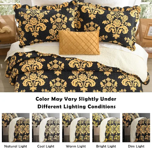 Vista 9 de Juego de edredón de 3 piezas, 100% algodón suave, diseño floral negro y amarillo, reversible, ligero, para todas las estaciones