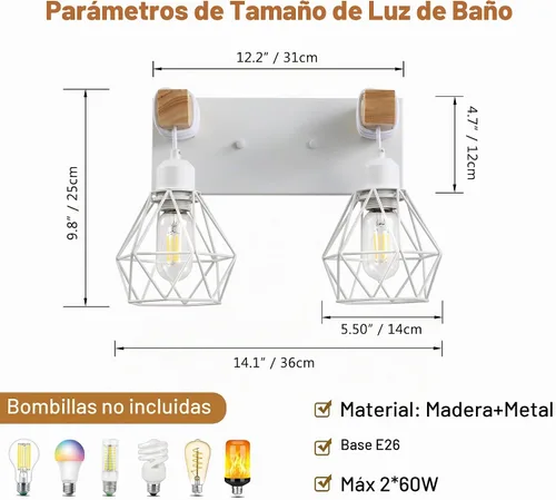 Vista 3 de Lámparas blancas para tocador de baño, luminarias de baño de madera de 2 luces sobre el espejo, apliques rústicos de pared con elegante pantalla