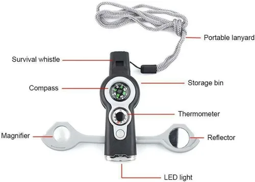 Vista 3 de Brújula multifunción 7 en 1, termómetro de seguridad de supervivencia al aire libre, brújula, espejo LED, lupa, multiherramienta para camping