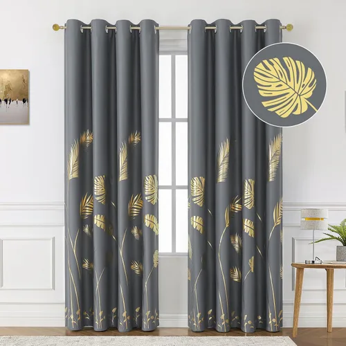 Vista 102 de BUHUA Cortinas pequeñas para ventana de 36 pulgadas de largo, 2 paneles, cortinas opacas con elegantes ramas de árbol plateadas, cortinas de bloqueo