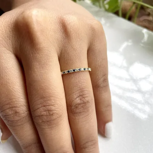 Vista 3 de Blue Sapphire & White Diamond Half Eternity Wedding Band For Women, 14k Gold Finish Sapphire Wedding Band, Ladies Alternate Diamond Ring