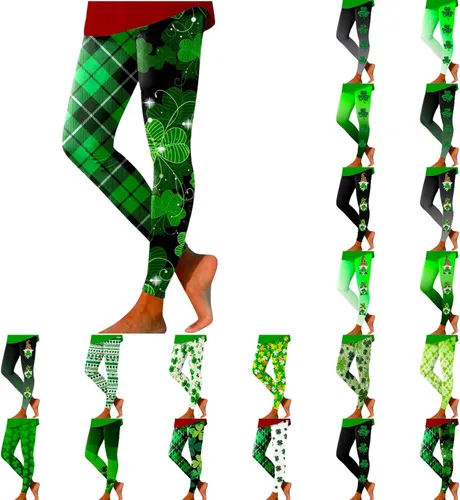 Vista 7 de soighxzc Leggings del día de San Patricio para mujer, con hojas de trébol, pantalones verdes, ajustados, con control de abdomen, pantalones de yoga