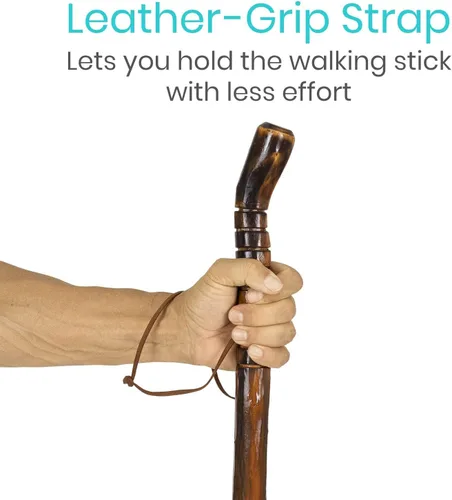 Vista 6 de Vive Bastón de madera para senderismo, hecho a mano, impermeable, con correa de muñeca de cuero, bastón de madera para equilibrio, mujeres, hombres