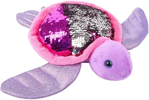 Vista 3 de Zugar Land Peluche reversible de tortuga marina con lentejuelas (11 pulgadas), diseño de lentejuelas reversibles, color rosa intenso/plateado