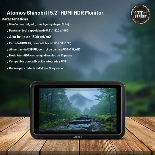 Vista 3 de Atomos Shinobi II - Monitor de cámara HDMI de 5.2" con pantalla táctil HDR Monitor ligero para fotografía con batería, cargador y montaje