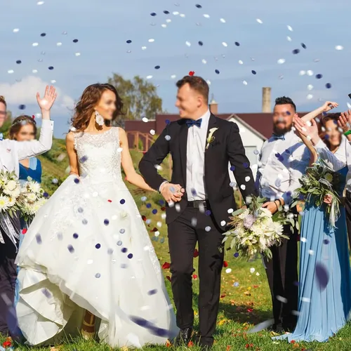 Vista 5 de Emivery Pétalos de rosa de seda, 300 pétalos de flores azul polvoriento, con bolsa de organza, pétalos de dispersión de flores para boda, pasillo