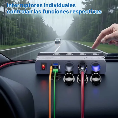 Vista 3 de Divisor de enchufe de encendedor de cigarrillos de 12V: toma de corriente de 180W 15A de 3 enchufes con 4 puertos USB PD66W QC18W - Divisor