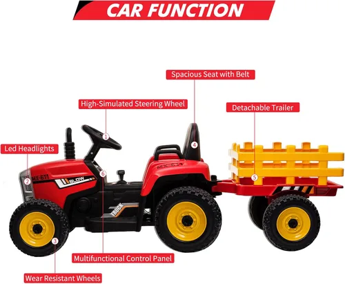 Vista 7 de Tractor eléctrico Nasitip de 12 V con remolque y control remoto Rojo