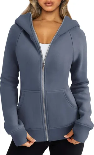 Vista 35 de Trendy Queen Sudaderas con capucha y cremallera para mujer, chaquetas de vellón, talla extragrande, moda de otoño e invierno