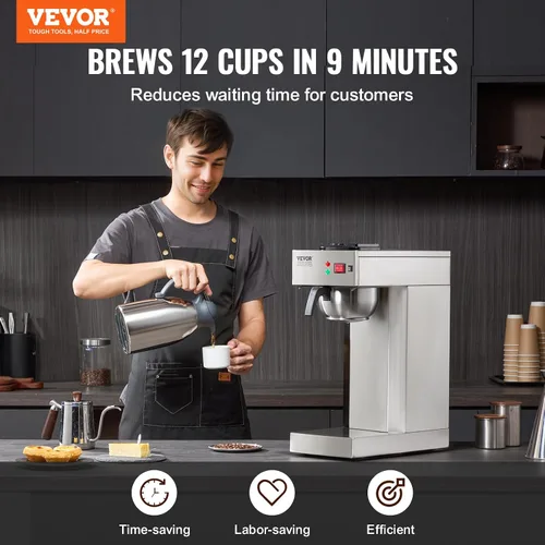 Vista 2 de VEVOR Cafetera de goteo comercial de 12 tazas, cafetera con jarra térmica para mantener el calor o el frío, cafetera de acero inoxidable