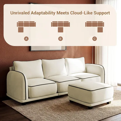 Vista 5 de Sofá modular en forma de L de 104 pulgadas, cómodo sofá de felpilla de nube de 4 plazas con otomana móvil y 3 almohadas traseras, cómodo sofá