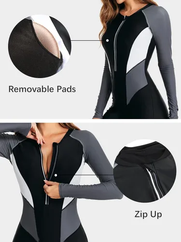 Vista 33 de ECUPPER Traje de baño de una pieza de manga larga para mujer, con cierre Boyleg, protector de erupción, cobertura de traje de baño de surf, traje