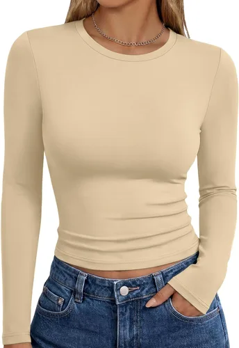 Vista 25 de Trendy Queen Camisetas de manga larga para mujer, camisetas básicas de Verde militar